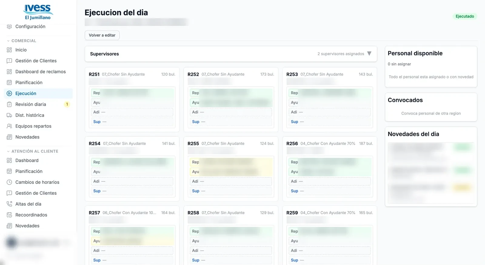 Sistema de El Jumillano: rutas del día con choferes, ayudantes, bultos y personal disponible. Datos personales difuminados.